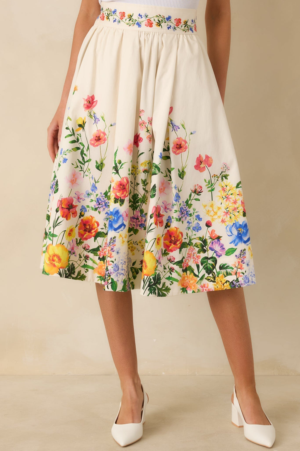 Women's A Beautiful Arrangement Ivory Multi Floral Cotton Midi Skirt | 98% Cotton & 2% Spandex Contrast: 98% Cotton & 2% 2