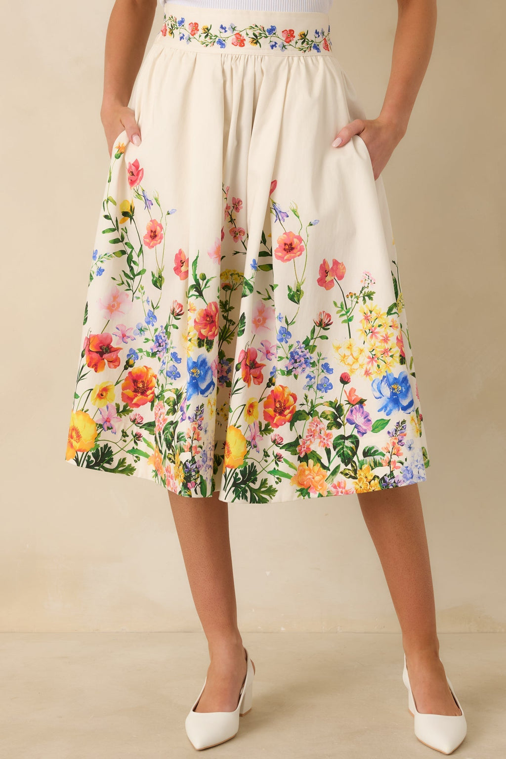 Women's A Beautiful Arrangement Ivory Multi Floral Cotton Midi Skirt | 98% Cotton & 2% Spandex Contrast: 98% Cotton & 2% 3