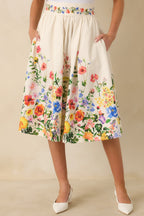 Women's A Beautiful Arrangement Ivory Multi Floral Cotton Midi Skirt | 98% Cotton & 2% Spandex Contrast: 98% Cotton & 2% 3