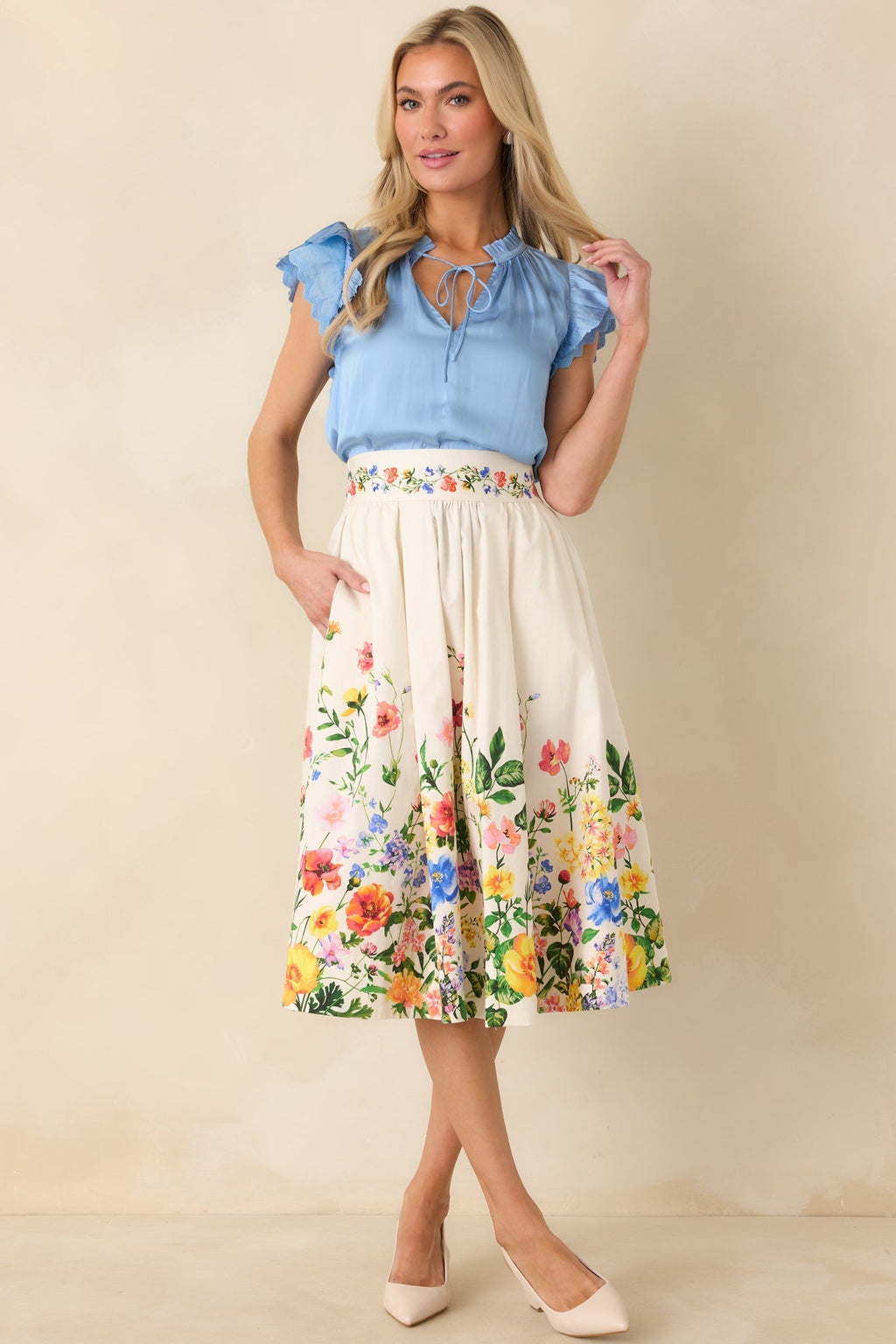 Women's A Beautiful Arrangement Ivory Multi Floral Cotton Midi Skirt | 98% Cotton & 2% Spandex Contrast: 98% Cotton & 2% 5