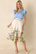 Women's A Beautiful Arrangement Ivory Multi Floral Cotton Midi Skirt | 98% Cotton & 2% Spandex Contrast: 98% Cotton & 2% 6
