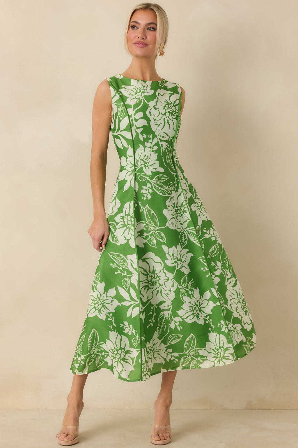 Women's A Beautiful Becoming Green Floral Print Sleeveless Midi Dress | 100% Polyester 3