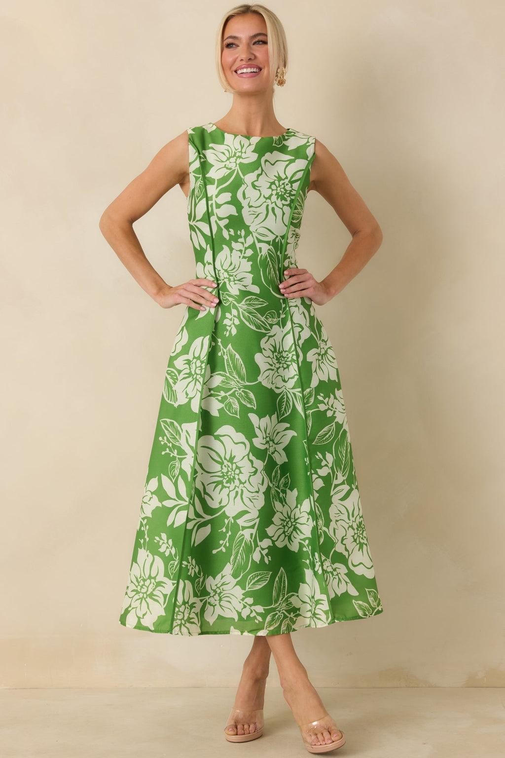 Women's A Beautiful Becoming Green Floral Print Sleeveless Midi Dress | 100% Polyester 4