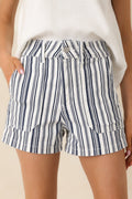 Women's A Classic Touch Navy Blue Stripe Cotton High Waisted Denim Shorts | 96% Cotton 0