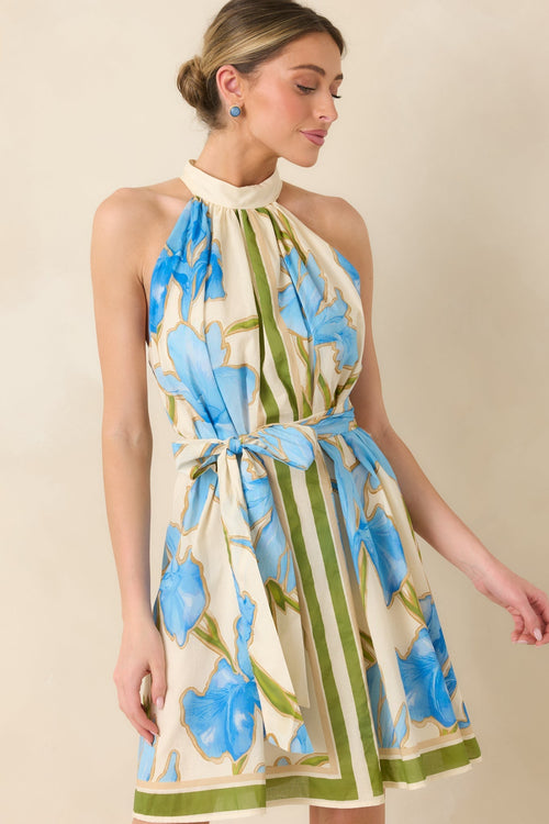 Women's A Moment Like This Blue Multi Floral Cotton Halter Mini Dress | 100% Cotton 0