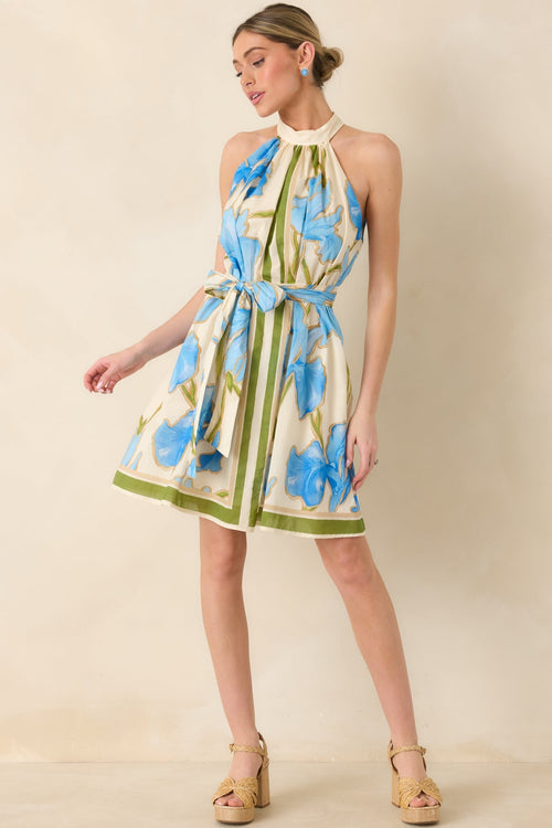 Women's A Moment Like This Blue Multi Floral Cotton Halter Mini Dress | 100% Cotton 1
