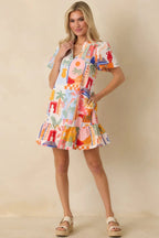 Women's A Place in The Sun Orange & Pink Multi Cotton V-Neck Mini Dress | 100% Cotton 0