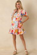 Women's A Place in The Sun Orange & Pink Multi Cotton V-Neck Mini Dress | 100% Cotton 0