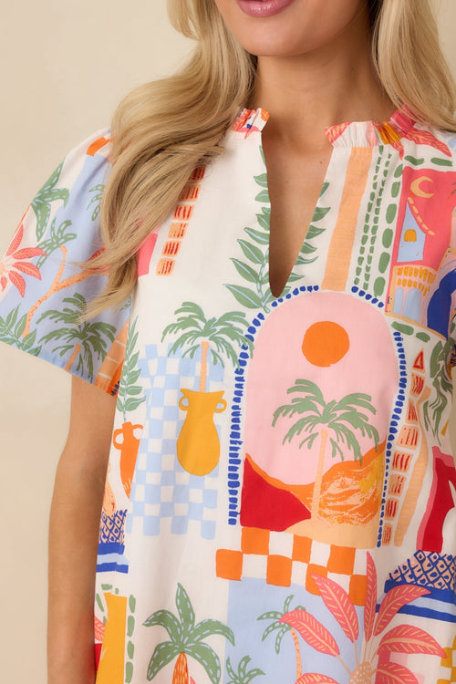 Women's A Place in The Sun Orange & Pink Multi Cotton V-Neck Mini Dress | 100% Cotton 1