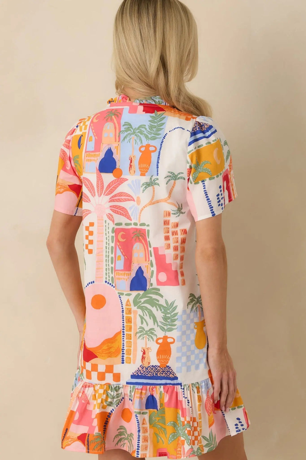 Women's A Place in The Sun Orange & Pink Multi Cotton V-Neck Mini Dress | 100% Cotton 7