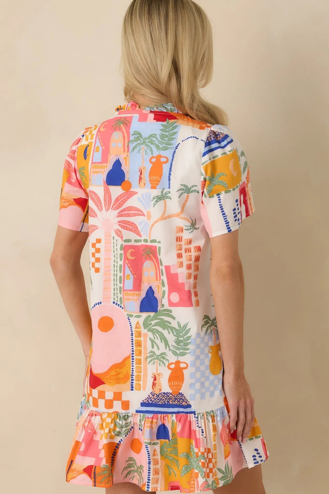 Women's A Place in The Sun Orange & Pink Multi Cotton V-Neck Mini Dress | 100% Cotton 7