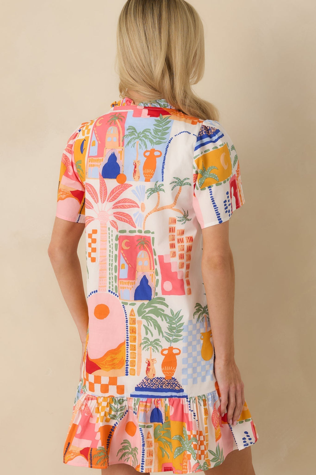 Women's A Place in The Sun Orange & Pink Multi Cotton V-Neck Mini Dress | 100% Cotton 7