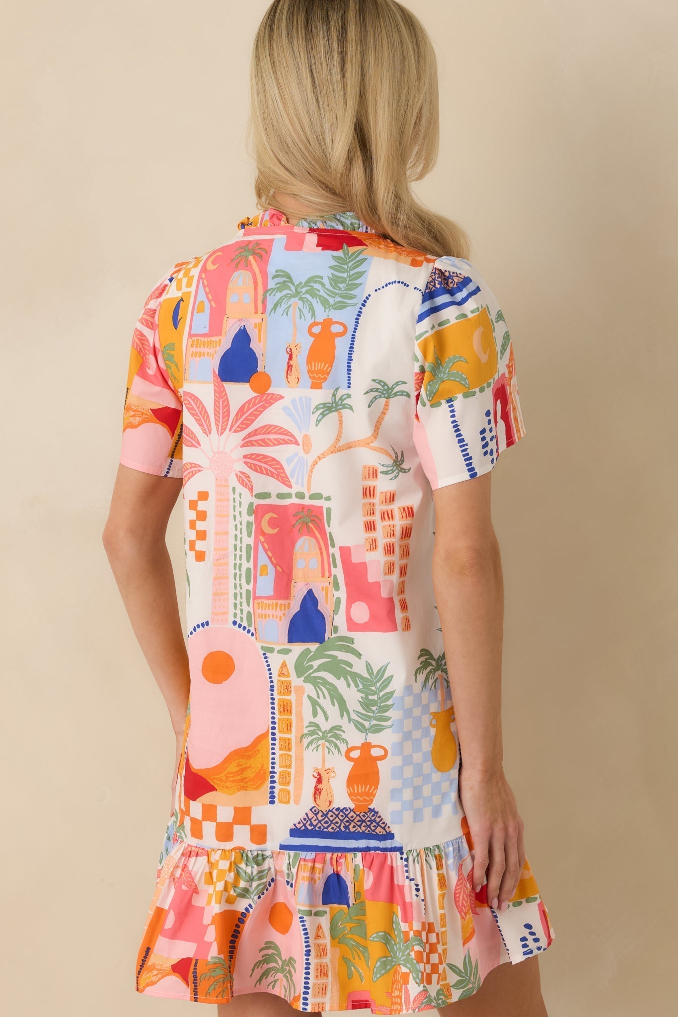 Women's A Place in The Sun Orange & Pink Multi Cotton V-Neck Mini Dress | 100% Cotton 7