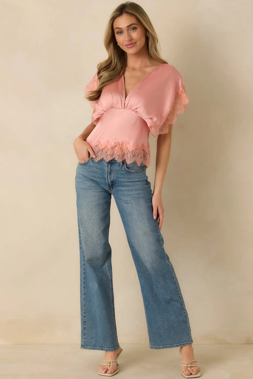 Women's A Serendipitous Moment Blush Pink Trim V-Neck Blouse | 100% Polyester 0