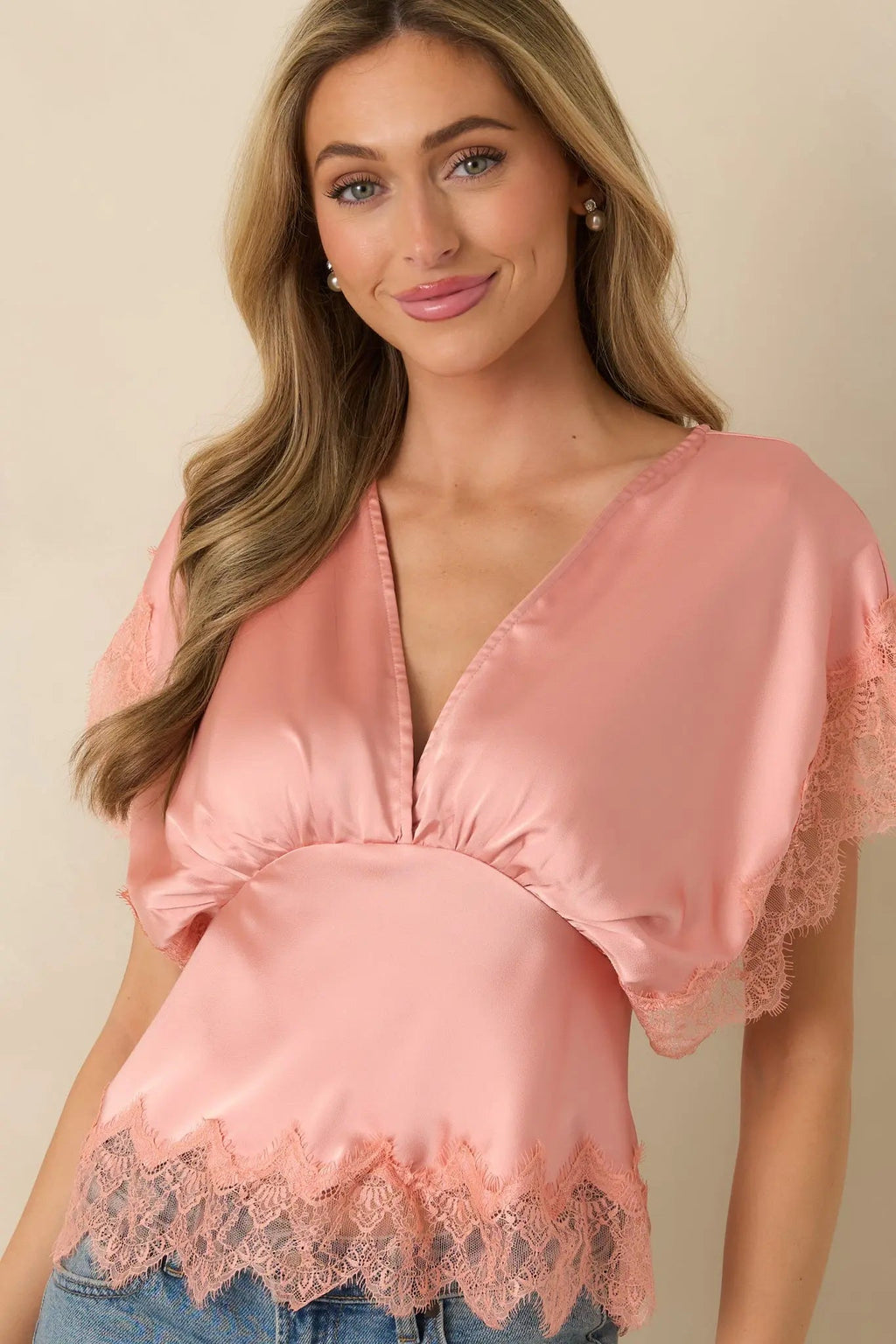 Women's A Serendipitous Moment Blush Pink Trim V-Neck Blouse | 100% Polyester 2