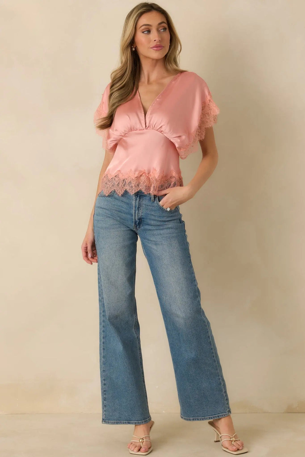 Women's A Serendipitous Moment Blush Pink Trim V-Neck Blouse | 100% Polyester 5