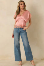 Women's A Serendipitous Moment Blush Pink Trim V-Neck Blouse | 100% Polyester 5