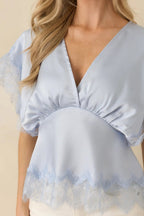Women's A Serendipitous Moment Powder Blue Lace Trim V-Neck Blouse | 100% Polyester 2
