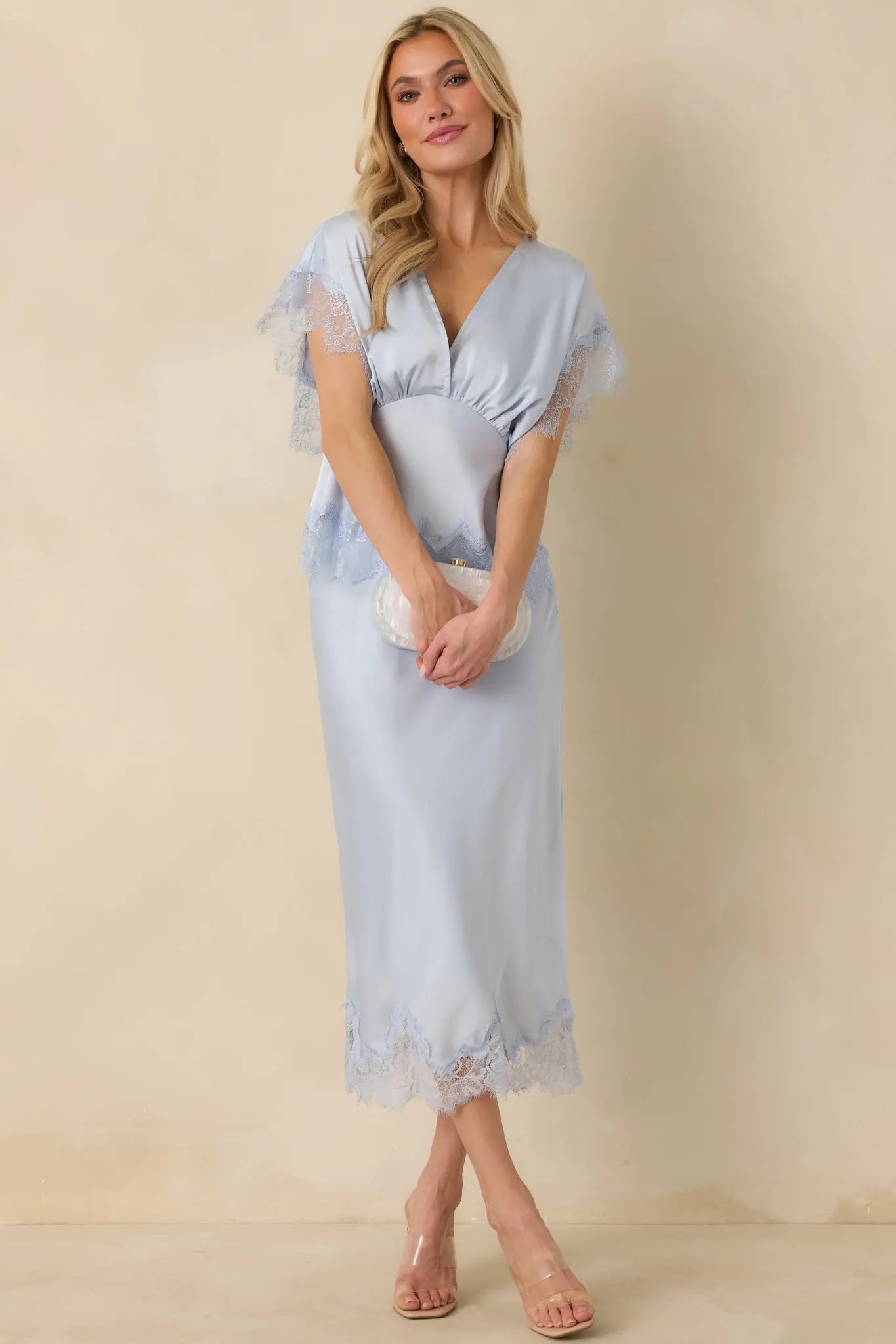 Women's A Serendipitous Moment Powder Blue Lace Trim V-Neck Blouse | 100% Polyester 4