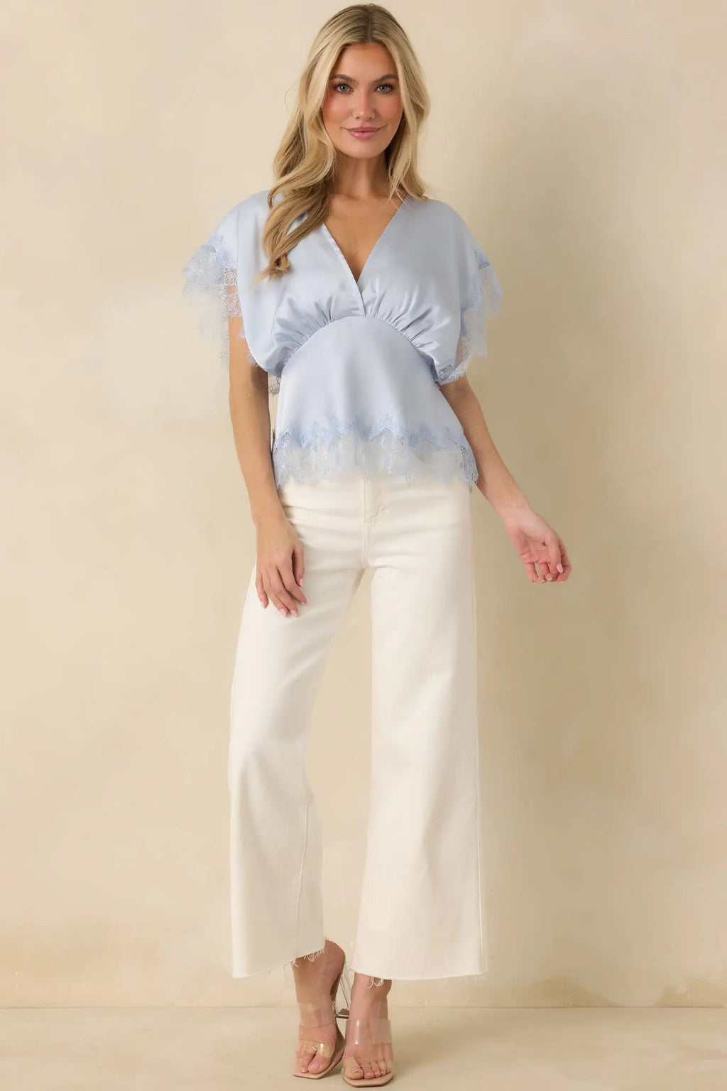 Women's A Serendipitous Moment Powder Blue Lace Trim V-Neck Blouse | 100% Polyester 6