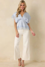 Women's A Serendipitous Moment Powder Blue Lace Trim V-Neck Blouse | 100% Polyester 6