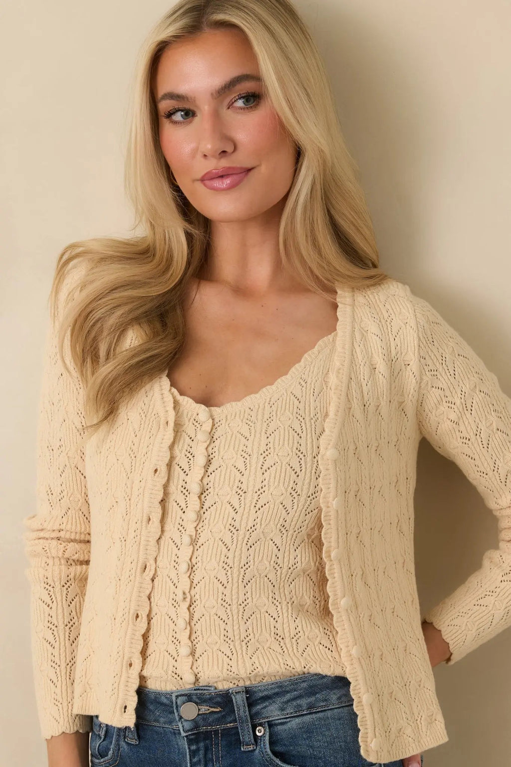 Women's Above All Else Ivory Pointelle Knit Button Up Cardigan | 52% Viscose 1