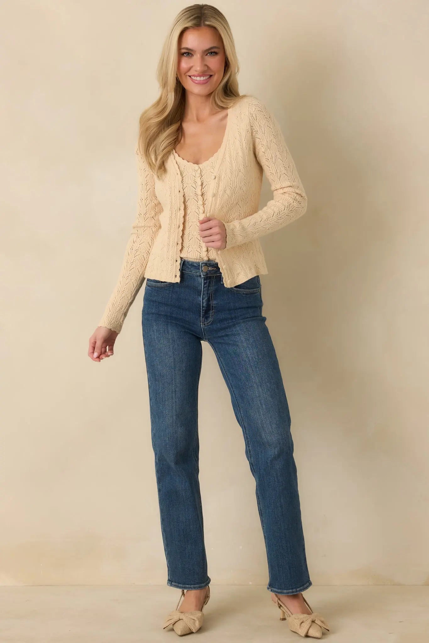 Women's Above All Else Ivory Pointelle Knit Button Up Cardigan | 52% Viscose 4