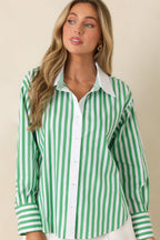 Women's Above Par Green Stripe Cotton Blend Contrast Collar Shirt | 70% Cotton 1
