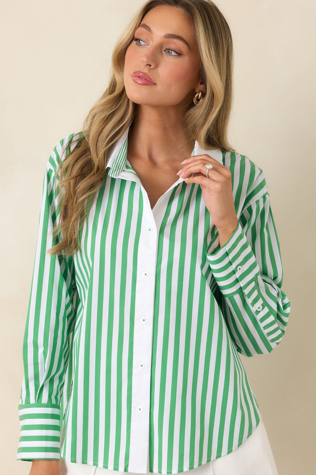 Women's Above Par Green Stripe Cotton Blend Contrast Collar Shirt | 70% Cotton 3