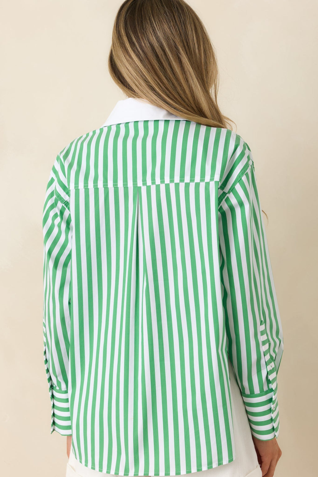 Women's Above Par Green Stripe Cotton Blend Contrast Collar Shirt | 70% Cotton 7