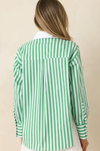 Women's Above Par Green Stripe Cotton Blend Contrast Collar Shirt | 70% Cotton 7