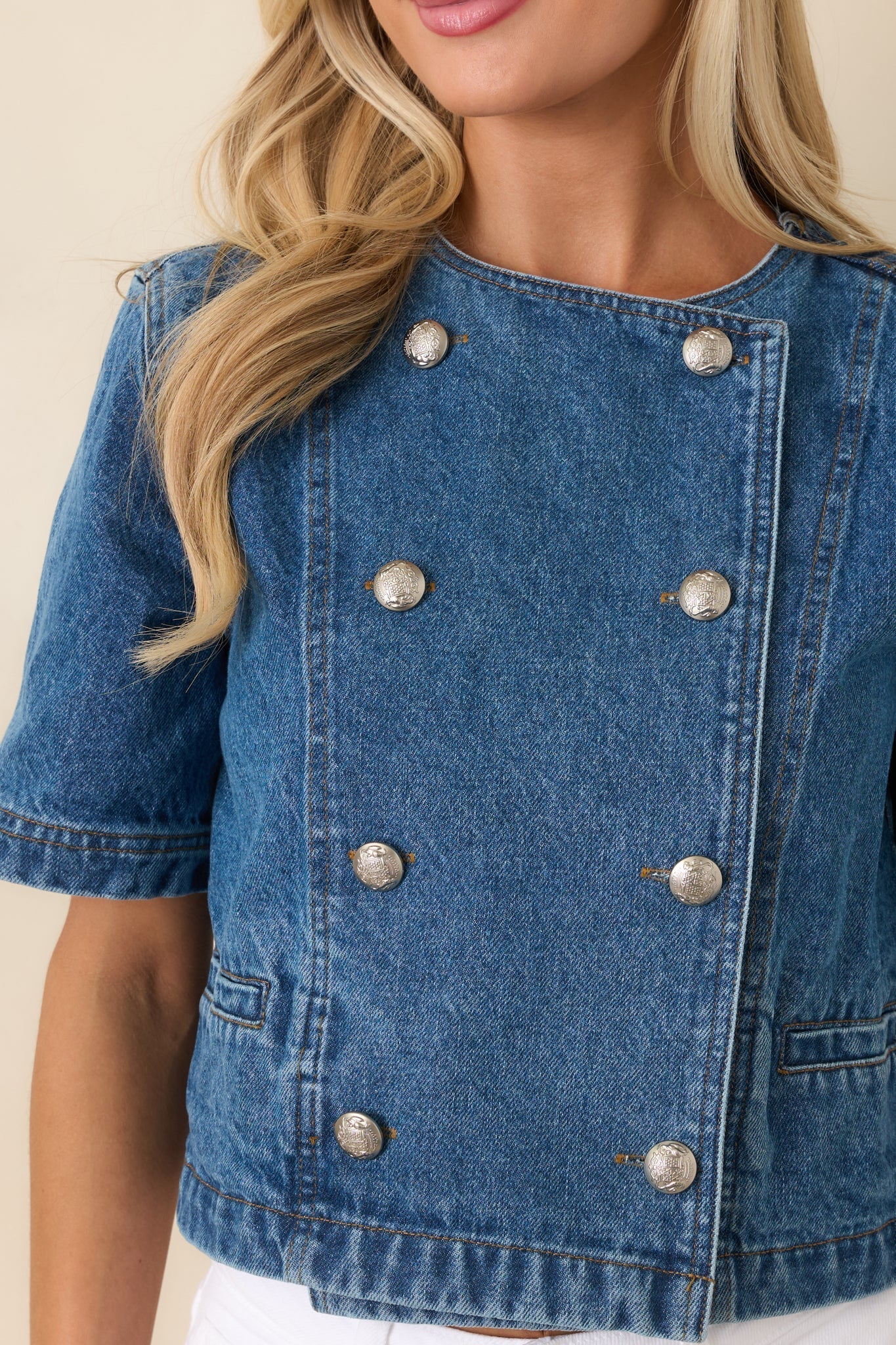 Women's Across the Way Medium Wash Cotton Denim Double Breasted Top | 100% Cotton 2