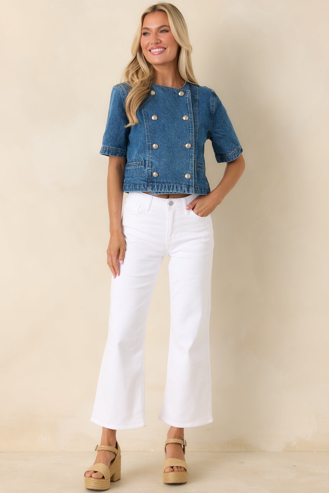 Women's Across the Way Medium Wash Cotton Denim Double Breasted Top | 100% Cotton 4