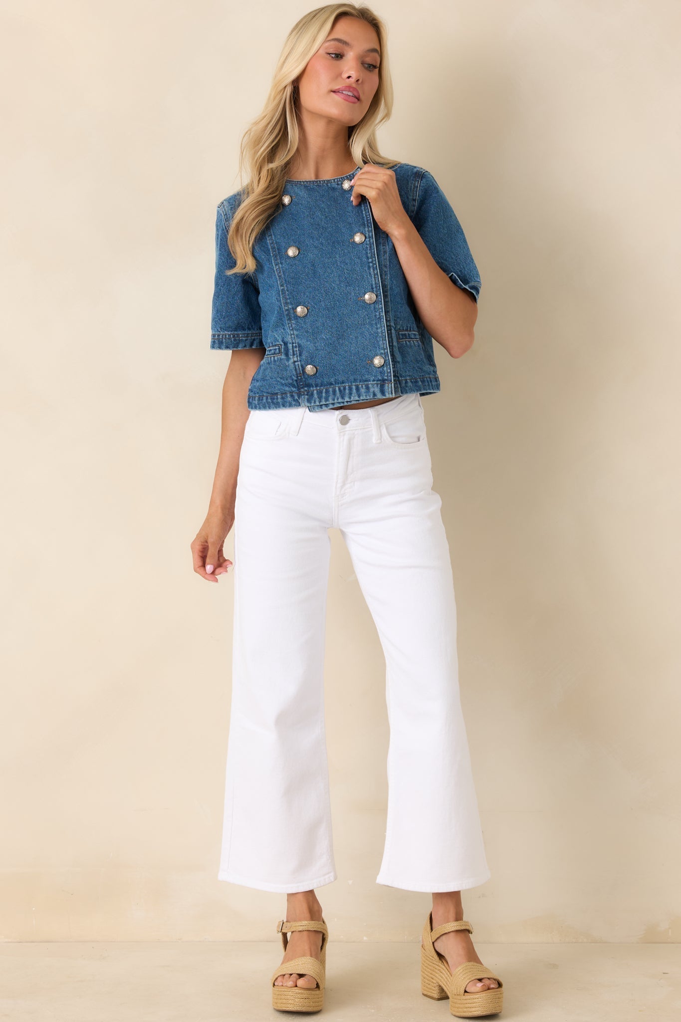 Women's Across the Way Medium Wash Cotton Denim Double Breasted Top | 100% Cotton 5
