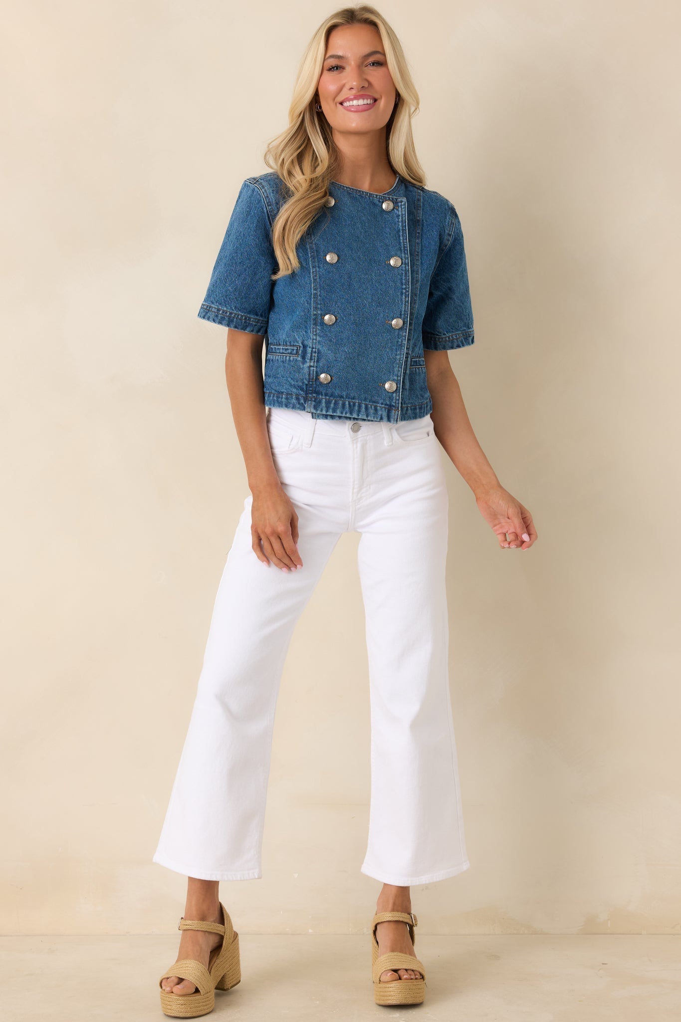 Women's Across the Way Medium Wash Cotton Denim Double Breasted Top | 100% Cotton 6