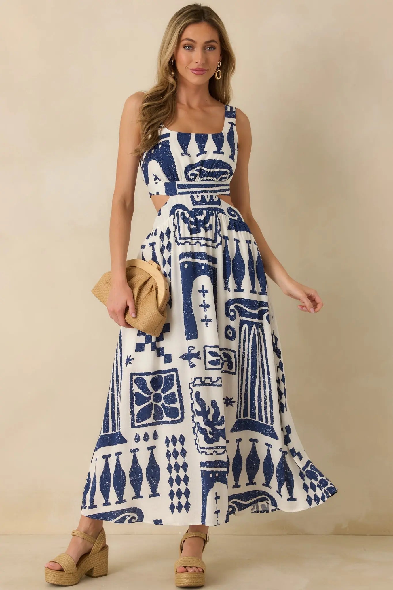 Women's Aegean Dreams Navy & White Mediterranean Cut-Out Tie-Back Maxi Dress | 100% Rayon 0