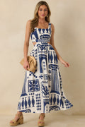 Women's Aegean Dreams Navy & White Mediterranean Cut-Out Tie-Back Maxi Dress | 100% Rayon 0