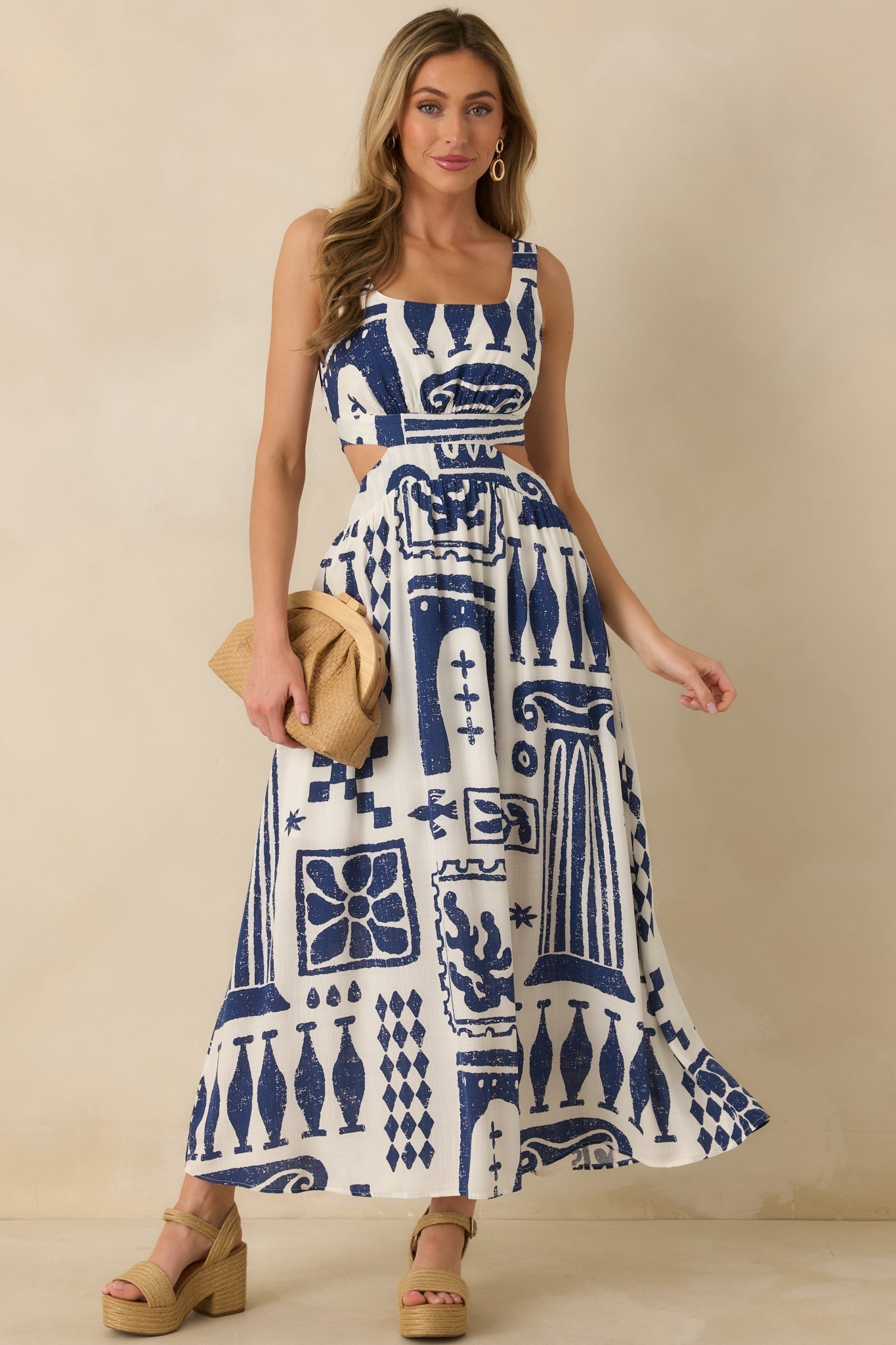 Women's Aegean Dreams Navy & White Mediterranean Cut-Out Tie-Back Maxi Dress | 100% Rayon 0