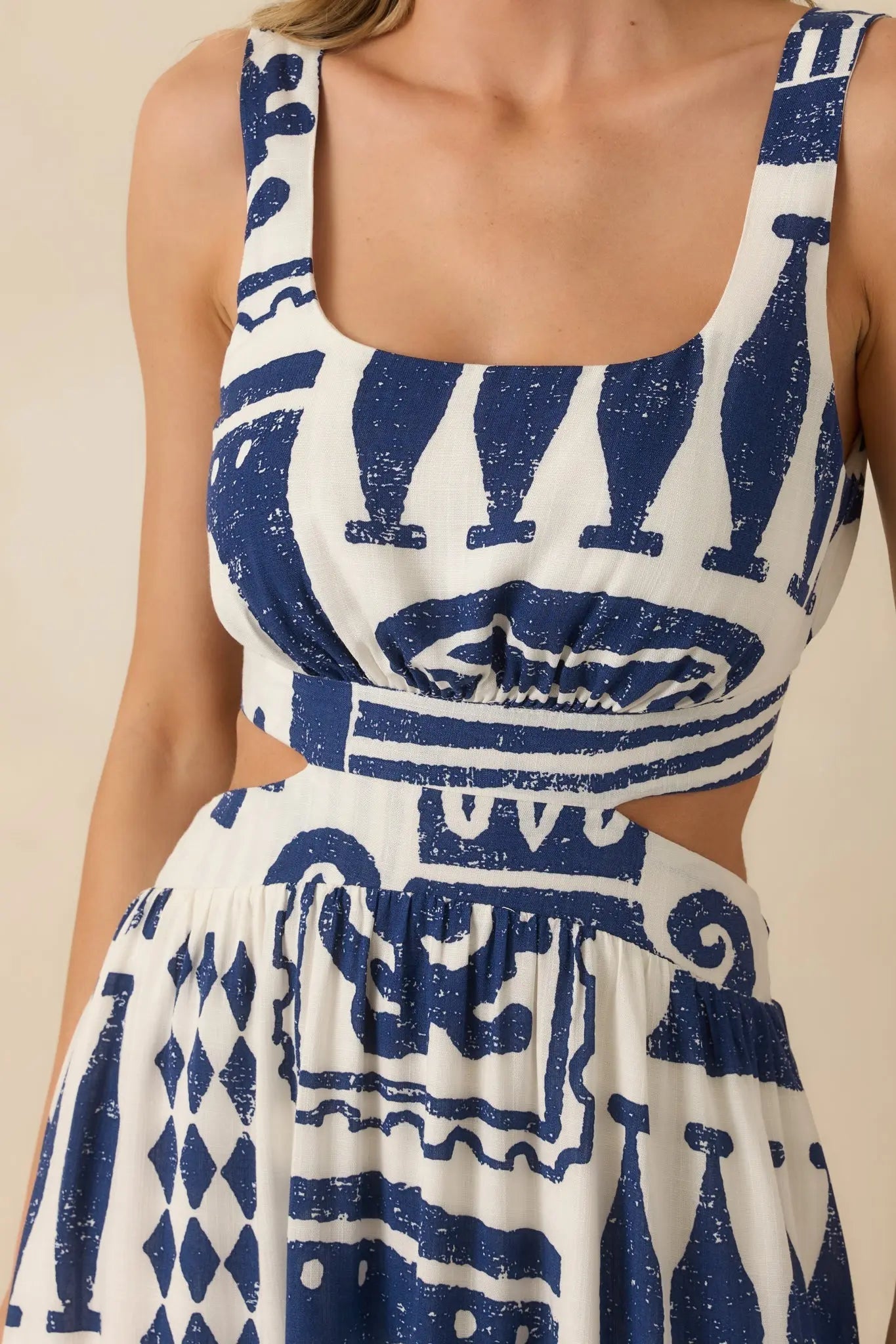 Women's Aegean Dreams Navy & White Mediterranean Cut-Out Tie-Back Maxi Dress | 100% Rayon 1