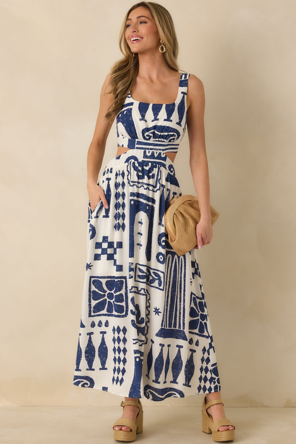 Women's Aegean Dreams Navy & White Mediterranean Cut-Out Tie-Back Maxi Dress | 100% Rayon 2