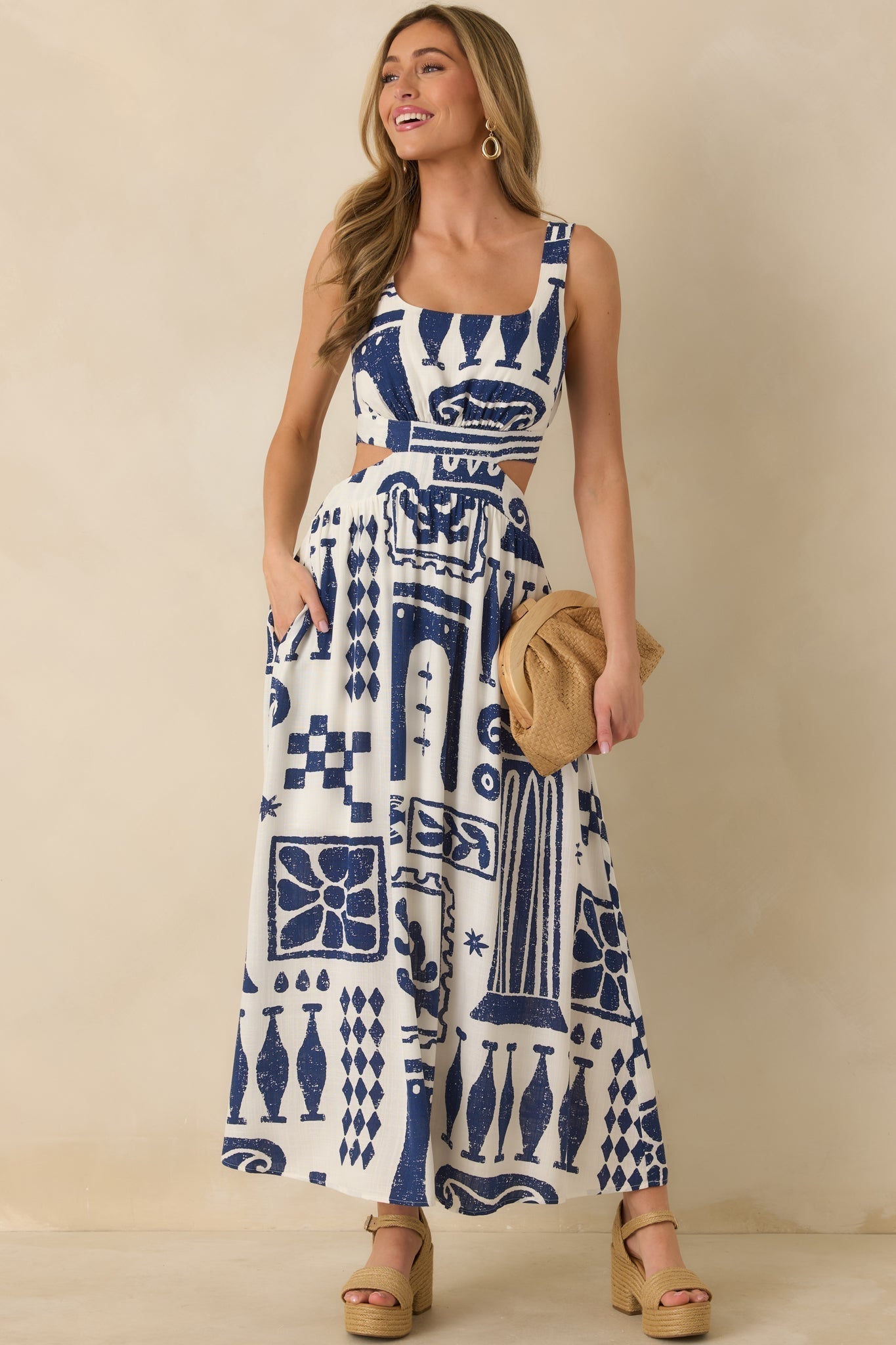 Women's Aegean Dreams Navy & White Mediterranean Cut-Out Tie-Back Maxi Dress | 100% Rayon 2