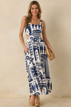 Women's Aegean Dreams Navy & White Mediterranean Cut-Out Tie-Back Maxi Dress | 100% Rayon 3