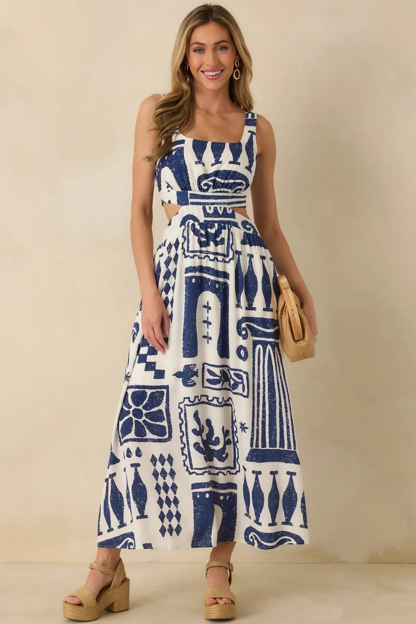 Women's Aegean Dreams Navy & White Mediterranean Cut-Out Tie-Back Maxi Dress | 100% Rayon 5
