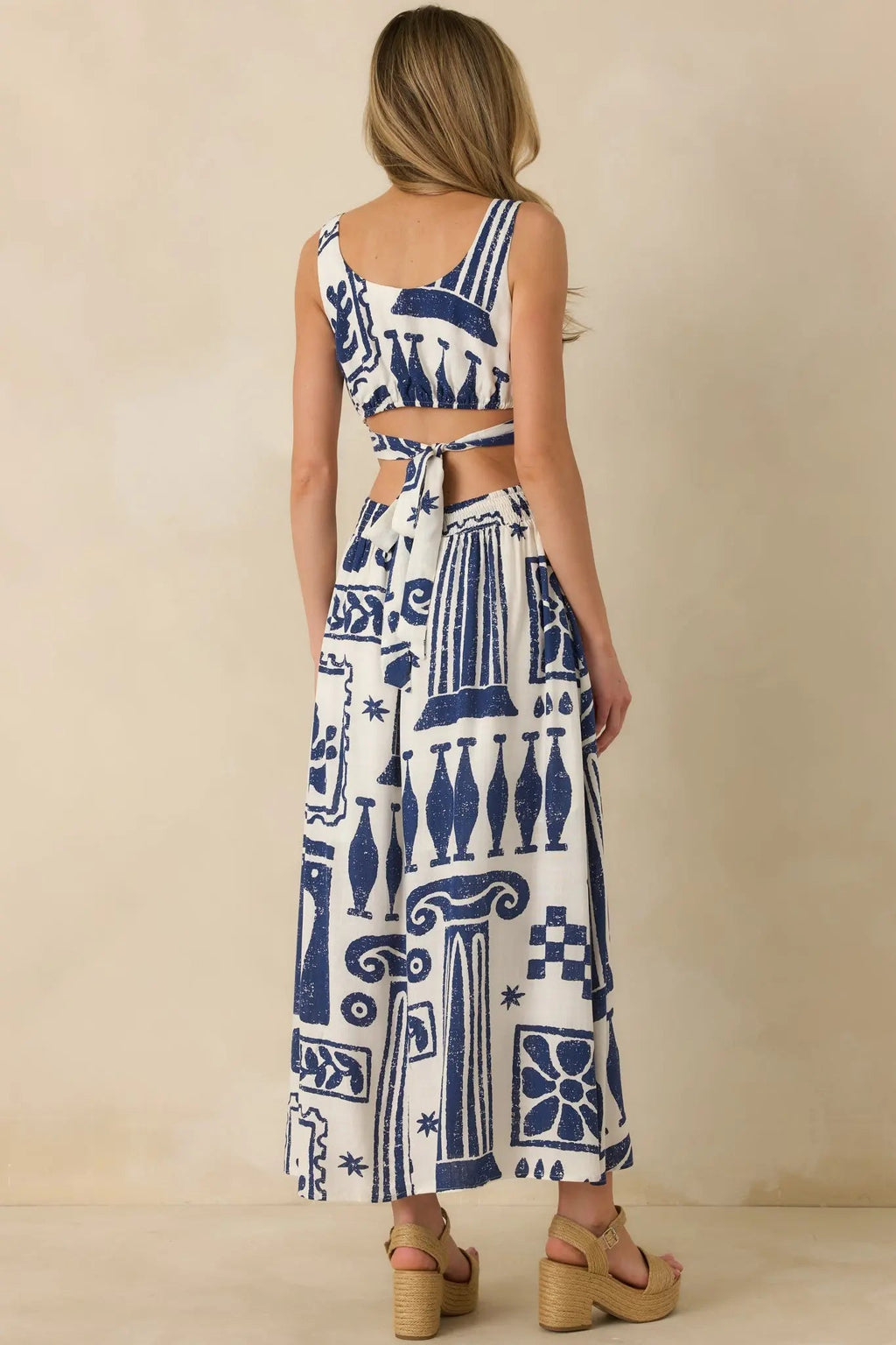 Women's Aegean Dreams Navy & White Mediterranean Cut-Out Tie-Back Maxi Dress | 100% Rayon 6