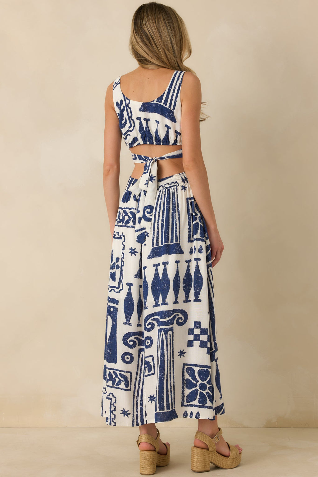 Women's Aegean Dreams Navy & White Mediterranean Cut-Out Tie-Back Maxi Dress | 100% Rayon 6