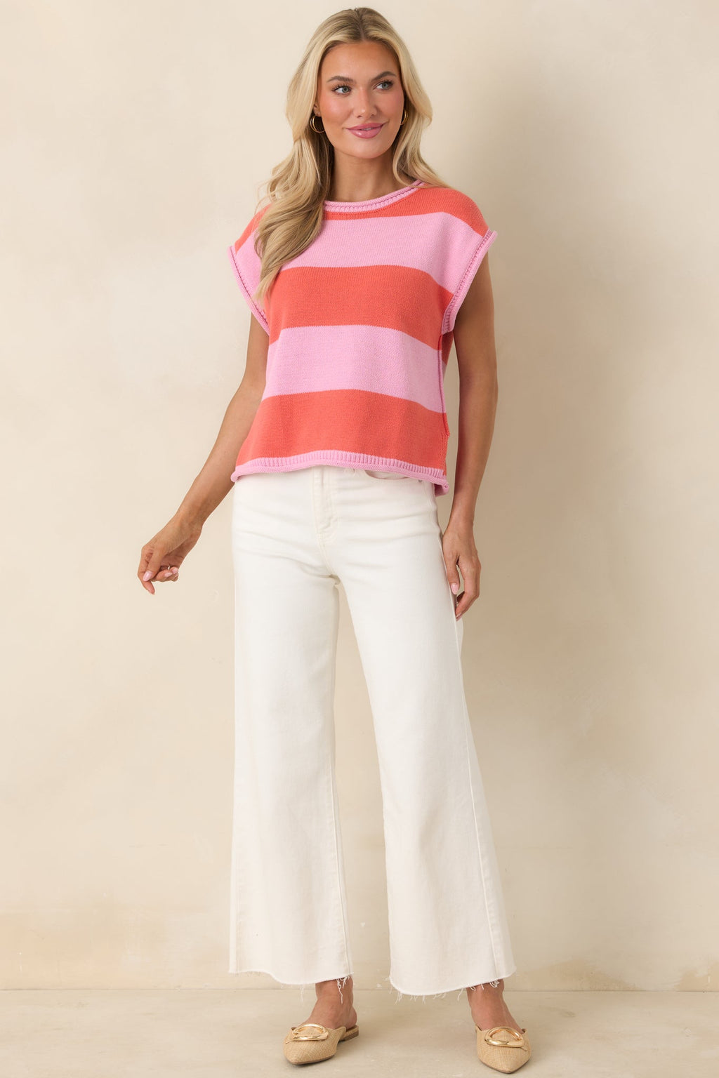 Women's All In A Day Pink & Poppy Red Stripe Knit Top | 60% Cotton & 40% Acrylic 0