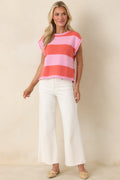 Women's All In A Day Pink & Poppy Red Stripe Knit Top | 60% Cotton & 40% Acrylic 0