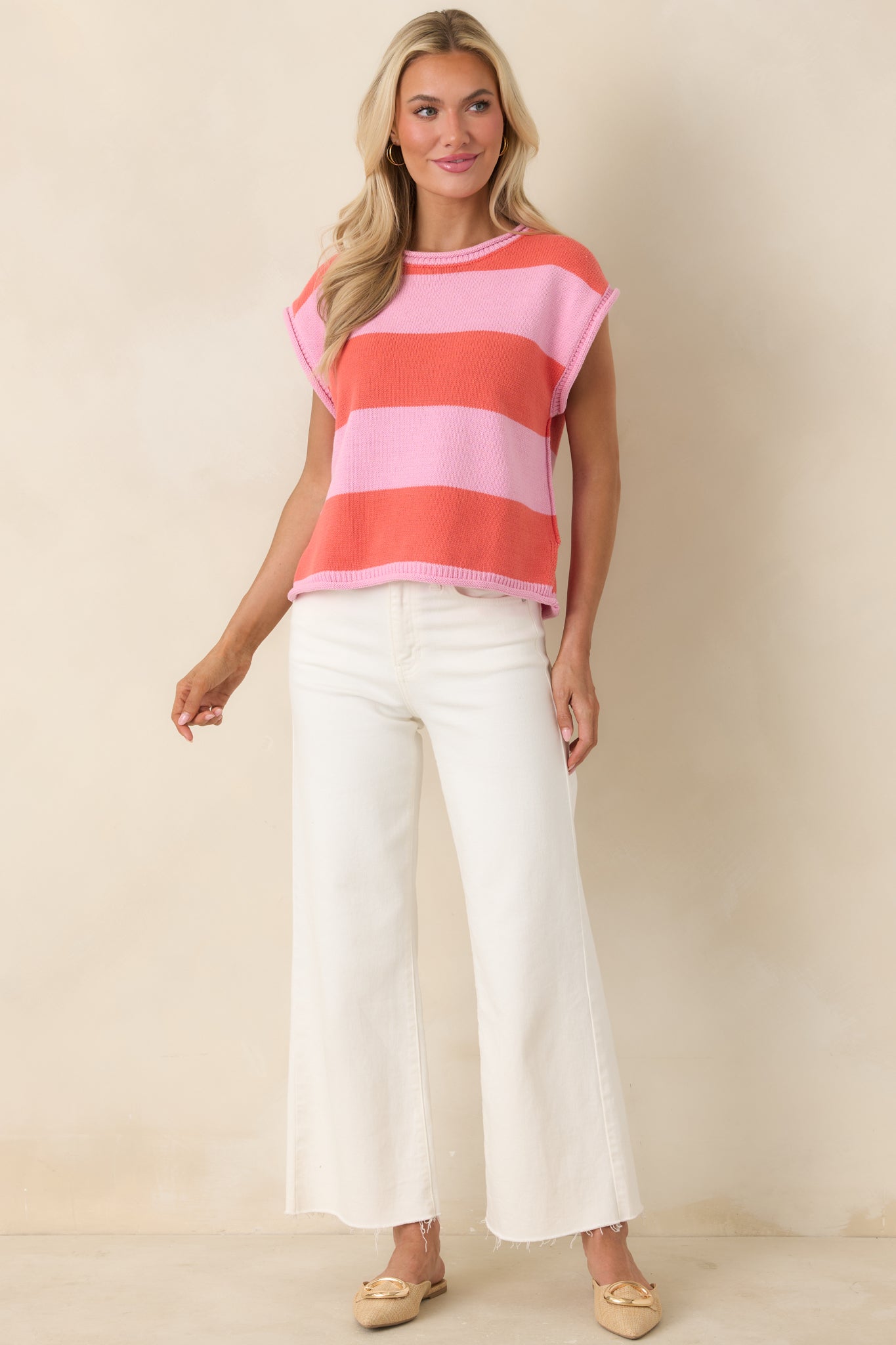 Women's All In A Day Pink & Poppy Red Stripe Knit Top | 60% Cotton & 40% Acrylic 0