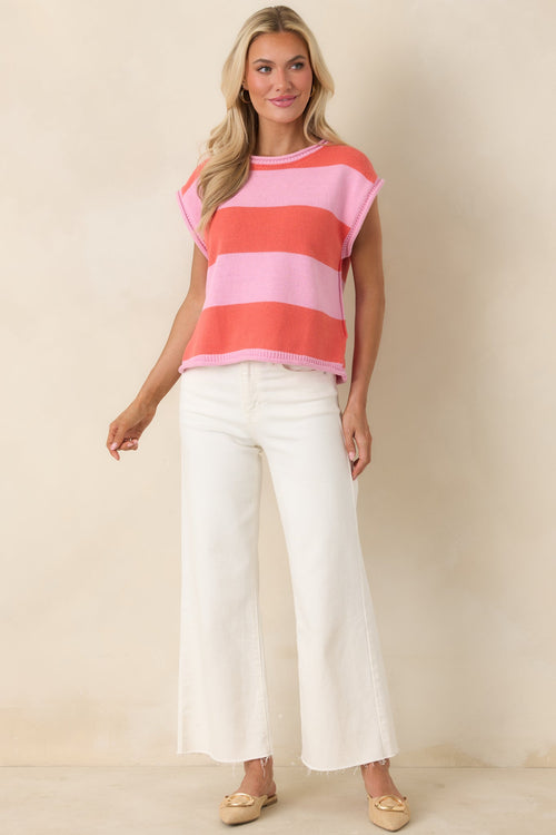 Women's All In A Day Pink & Poppy Red Stripe Knit Top | 60% Cotton & 40% Acrylic 0