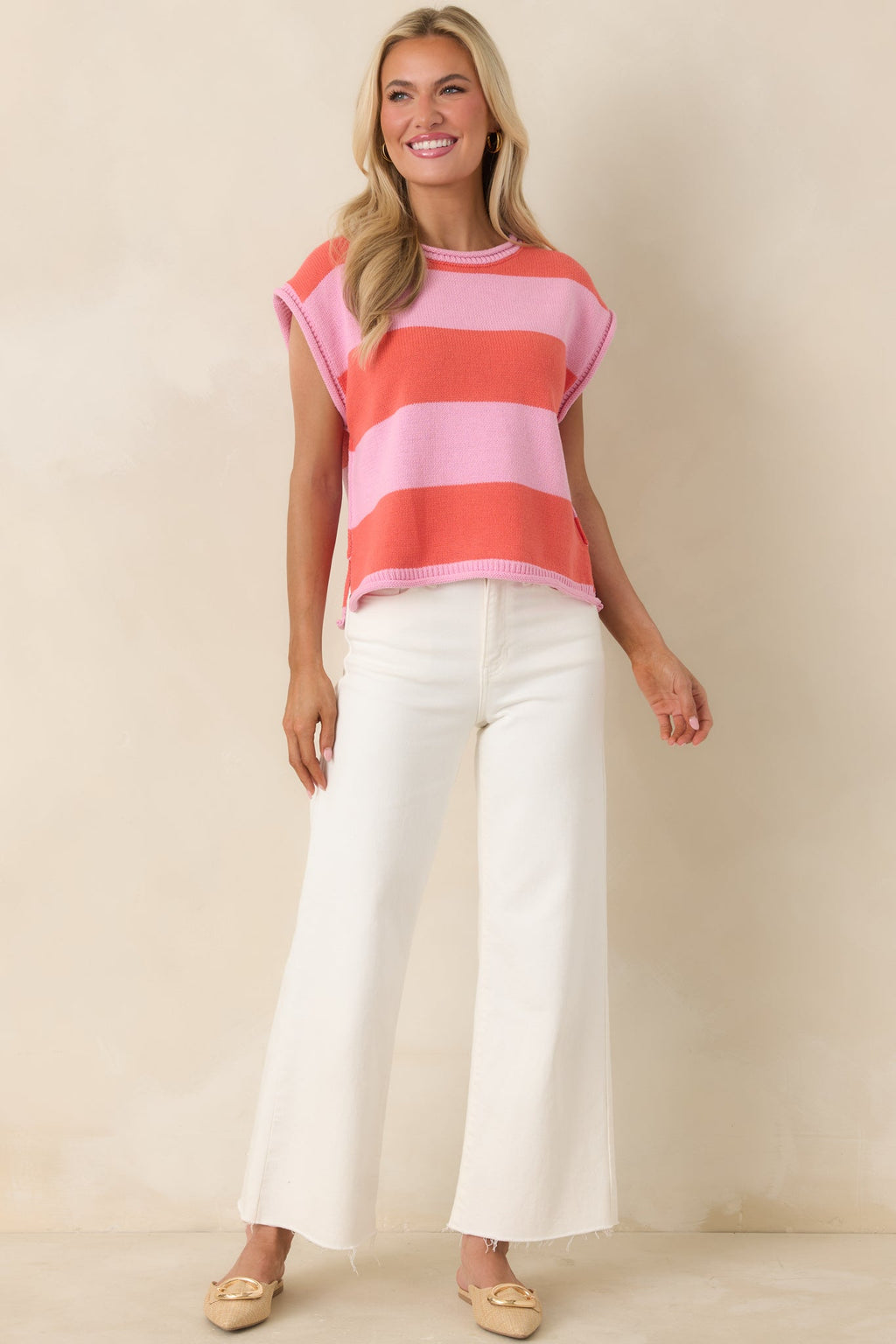 Women's All In A Day Pink & Poppy Red Stripe Knit Top | 60% Cotton & 40% Acrylic 3